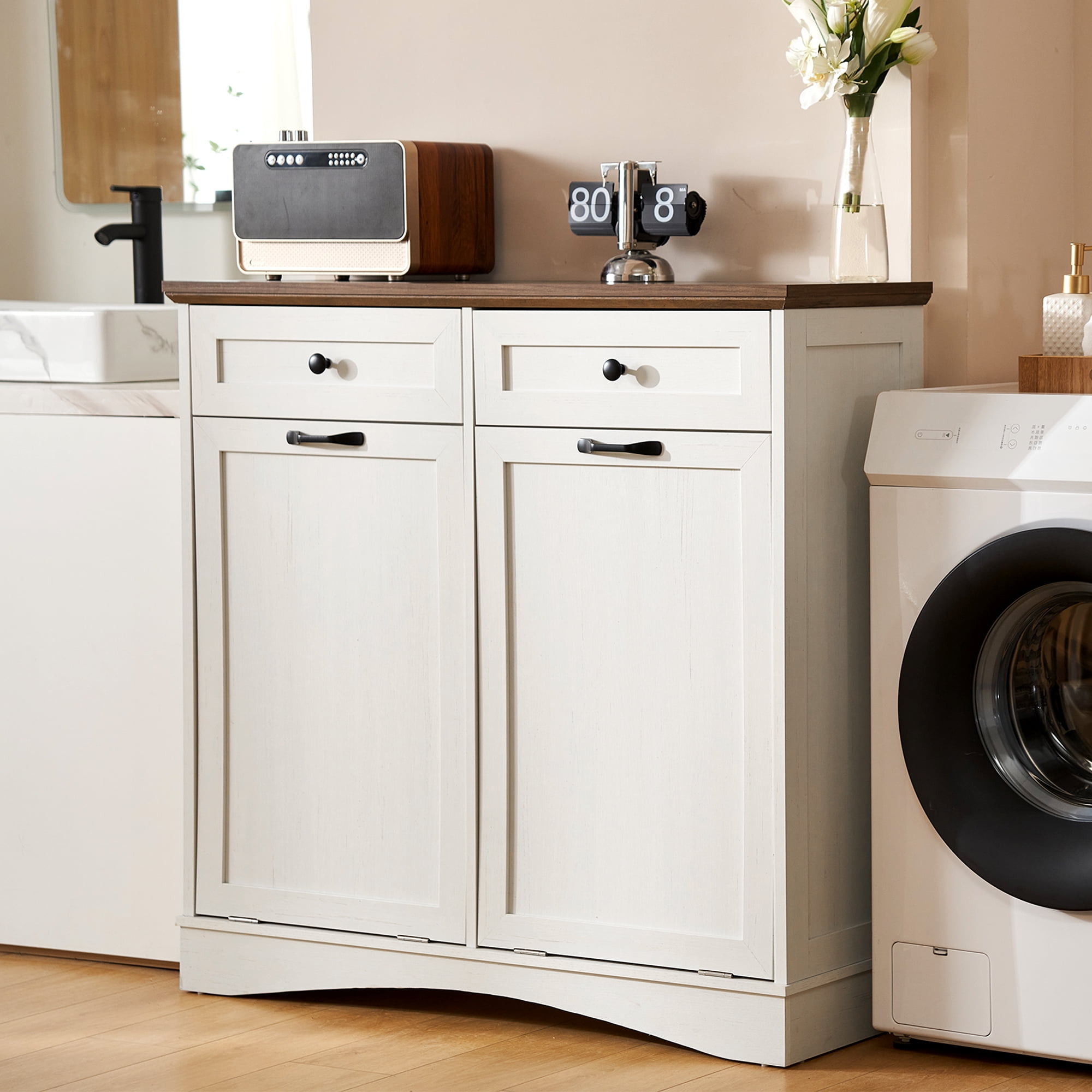 HARIPUL Double Tilt Out Trash Cabinet, 26 Gallon Trash Can Cabinet with Drawers & Handles for Kitchen, White/Dark Brown Top