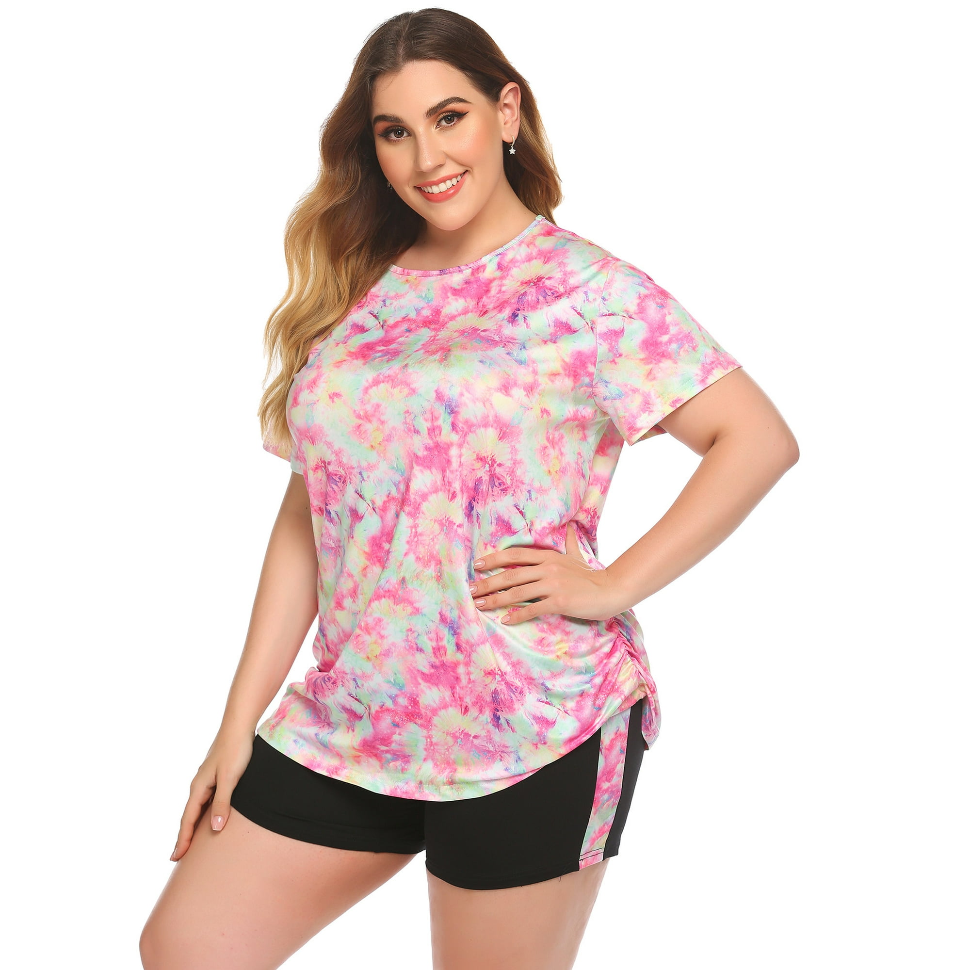 Voianlimo Women Plus Size Tie Dye Pajama Set Short Sleeves Sleepwear Casual Nightgown Suit 2 Piece Set Other