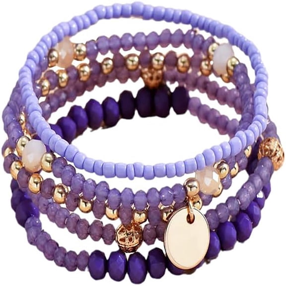 5 Piece Bohemian Crystal Bead Adjustable Stackable Bracelet Set Multi Layered Rice Bead Jewelry Purple