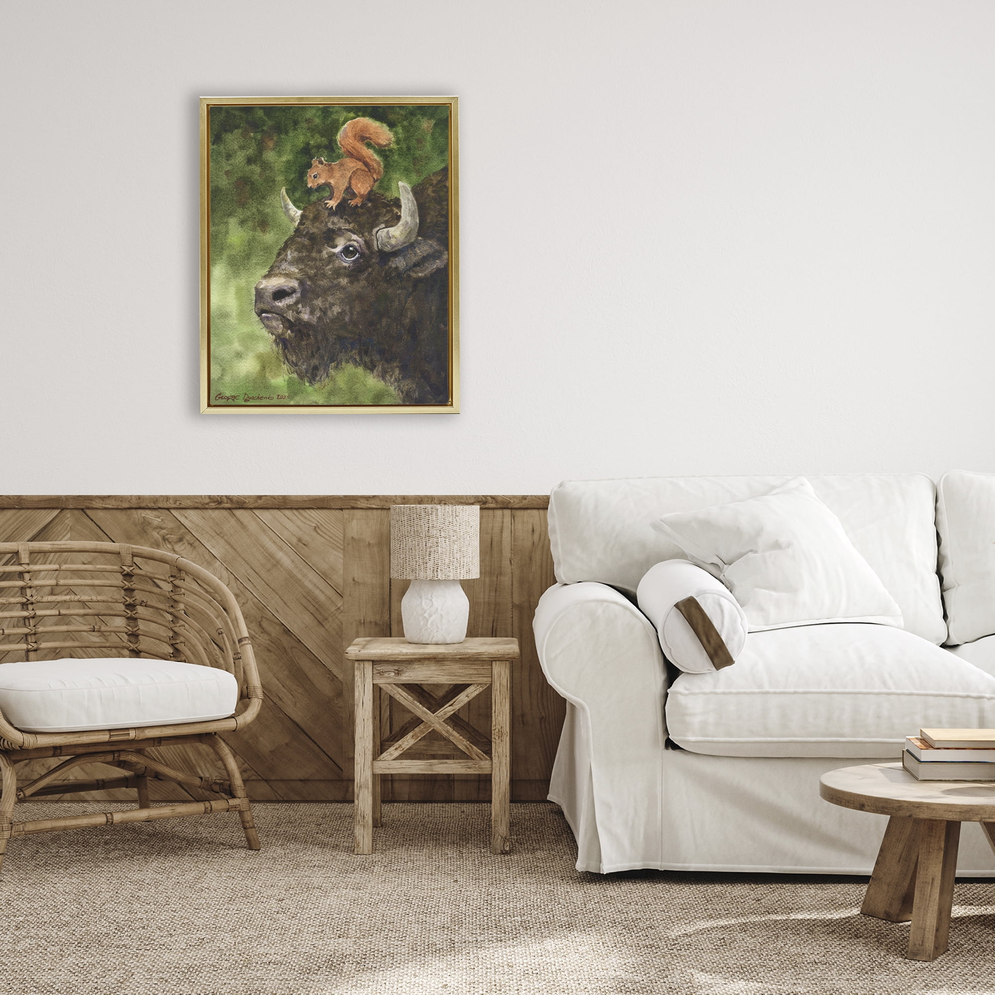 Stupell Industries Bison & Squirrel Duo Gold Framed Floater Canvas Wall Art, design by George Dyachenko