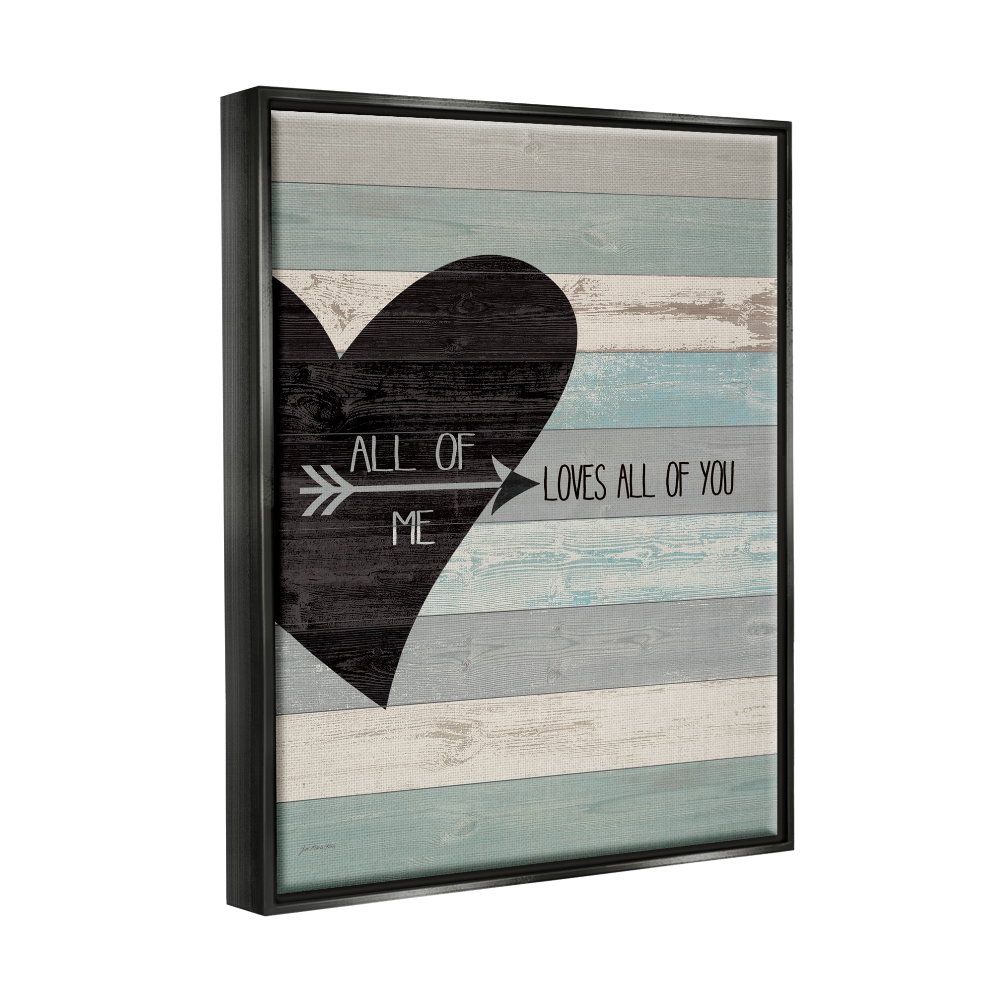 Stupell Industries All of Me Loves All Of You Distressed Heart Jet Black Framed Floating Canvas Wall Art, 16x20, by Jo Moulton