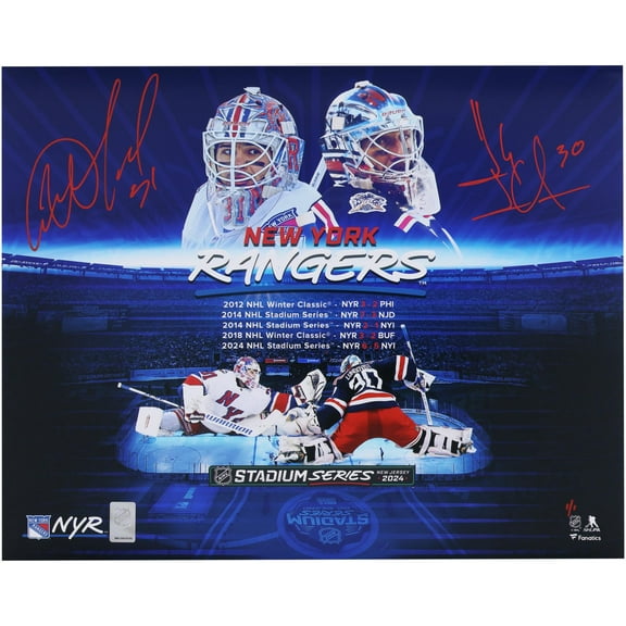Igor Shesterkin and Henrik Lundqvist New York Rangers Autographed 16" x 20" Outdoor Stylized Photograph Signed in Red - Limited Edition of 1 - Fanatics Authentic Certified