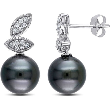 8-8.5mm Black Round Tahitian Pearl and 1/7 Carat T.W. Diamond 10kt White Gold Dangle Earrings