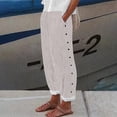 thumbnail image 2 of Women's Pants Fashion Casual Pants For Women Cotton And Linen Striped Elastic Waist Side Back Four Pockets Buttoned 9/10, 2 of 7
