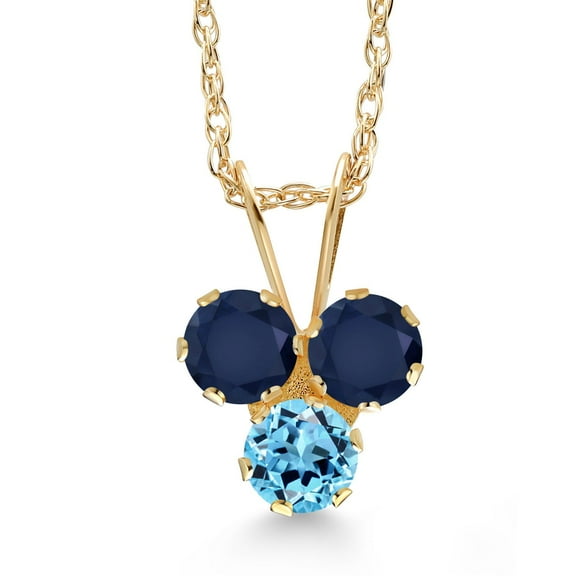 Gem Stone King 14K Yellow Gold Blue Sapphire and Swiss Blue Topaz 3-Stone Pendant Necklace for Women (0.45 Cttw, Gemstone September Birthstone, Round 3MM, 18 inch Chain)