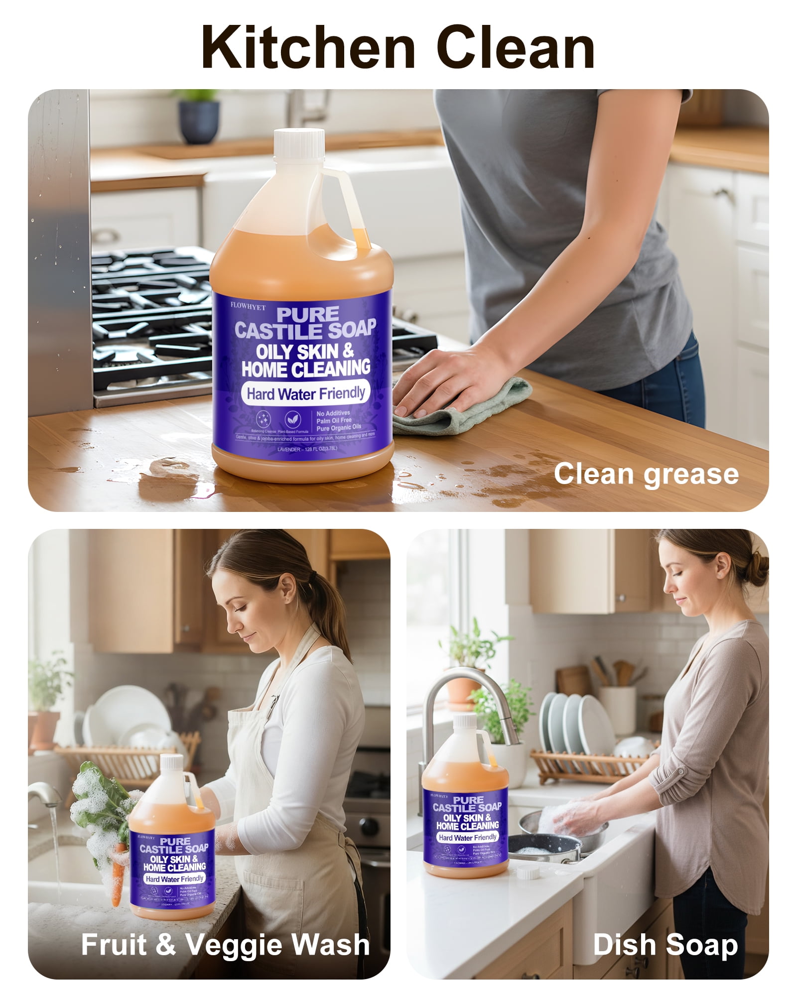 Pure Castile Soap Liquid Lavender 1 Gallon (128 fl oz) Refill – Natural Organic Body Wash, Hard Water Friendly Bath Soap Liquid for Oily Skin,Body,Face, Laundry & Home Cleaning