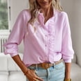 thumbnail image 2 of Frill Trim Button Up Blouse Plain Color Casual Fitted Splicing Turtleneck Long Sleeve Blouse Pink M, 2 of 6