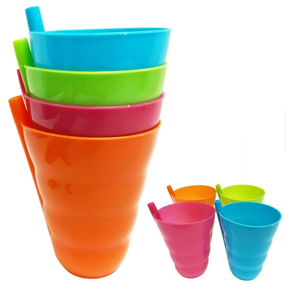 4 Set Cup With Straw 8 oz. Plastic Cup with Built in Straw Kids Assorted Colors
