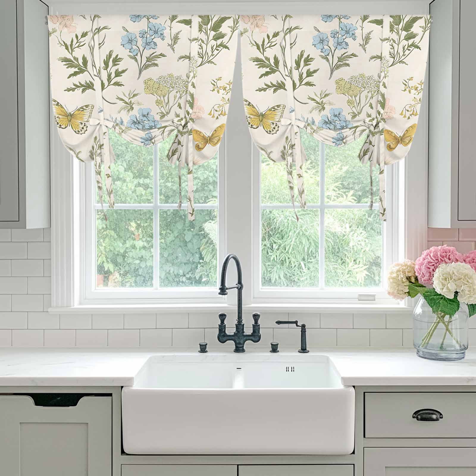 Colored Wildflowers Tie Up Curtain 45 Inches Long, Butterfly Leaf Linen Texture Balloon Style Kitchen Window Curtain Over Sink, Small Window Rod Pocket Curtain 34"x45"
