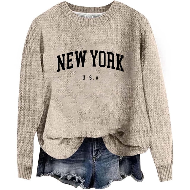 Aocisk Chandail à Lettres Imprimées pour Femme, Col Rond, Épaules Dégagées, Manches Longues, Chandail pour Automne Hiver, Beige, P
