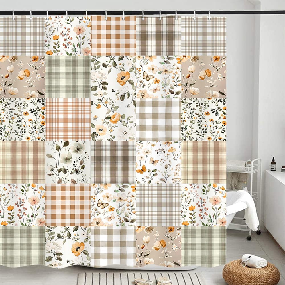 Cute Plaid Floral Shower Curtain, Boho Sage Green Flower Fabric Shower Curtains for Bathroom, Retro Pink Flower Checkered Patchwork Bath Curtain Set Washable Waterproof with 12Hooks 72X72IN