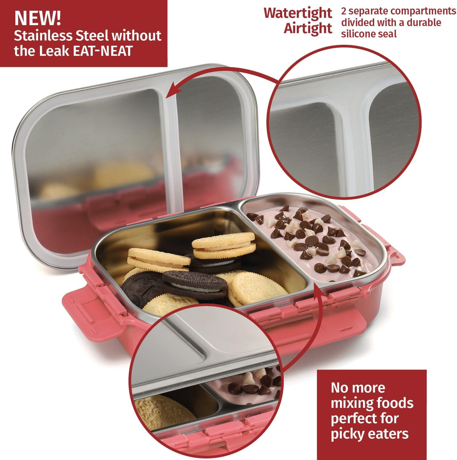 SIGNORA WARE Stainless Steel Bento Box 24 oz Leakproof 2 Compartments Lunch Box – Pink
