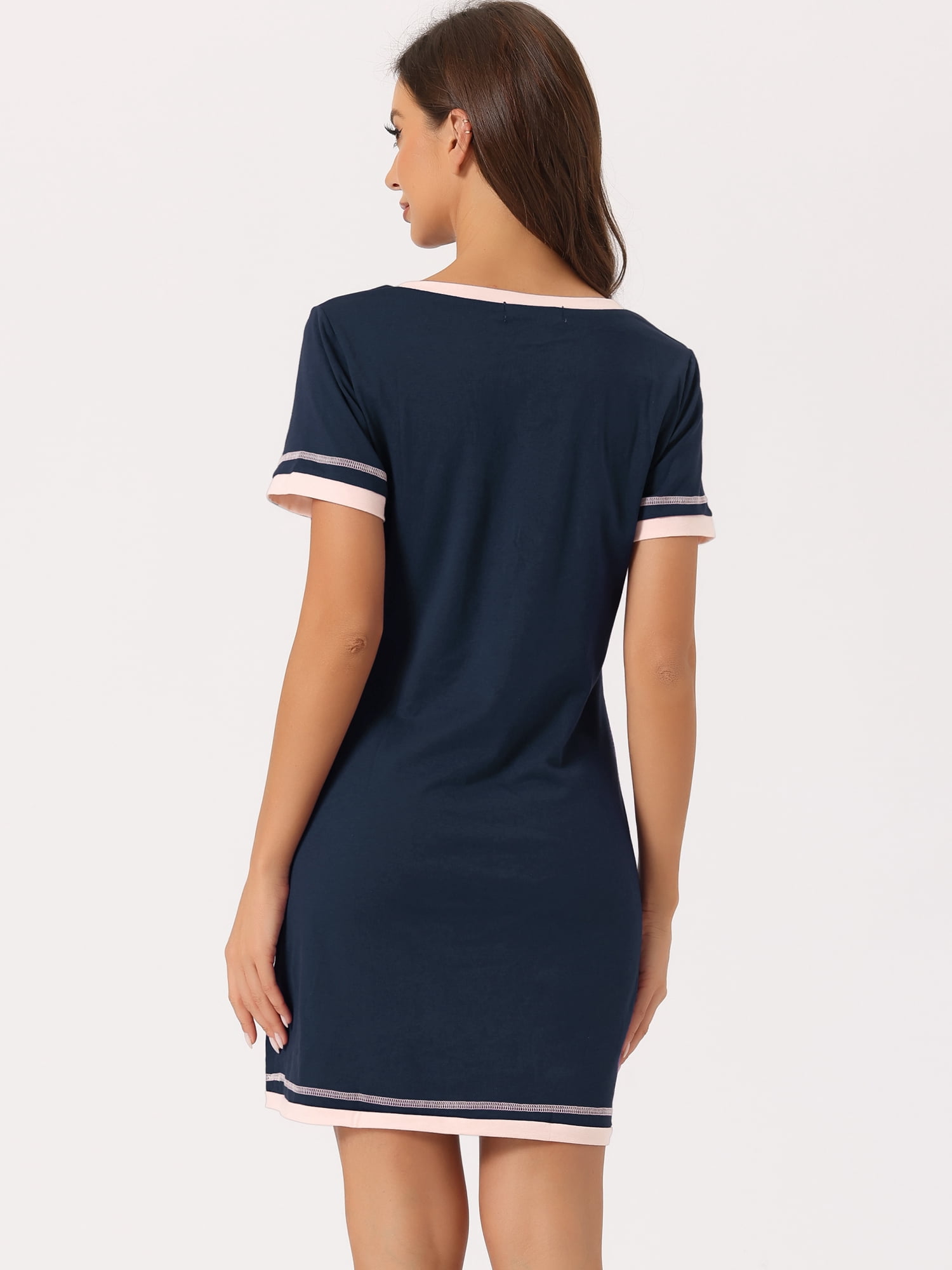 DARING DIVA Women's Short Sleeve V Neck Contrast Color Nightgown Sleepdress M Navy