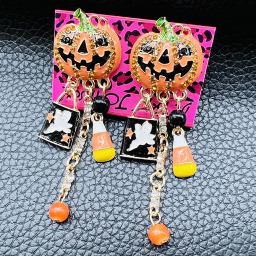 Betsey Johnson Orange Enamel Crystal Halloween Pumpkin Ghost Hanging Earrings