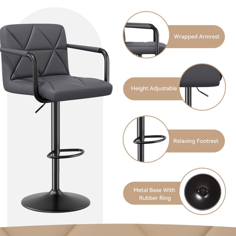 Hawsaiy Modern Bar Stools Set of 2, PU Leather Adjustable Swivel Bar Chairs with Armrests and Back, Hydraulic Counter Height Stools with Footrest for Kitchen Island, Dining Room, Bar, Dark Gray