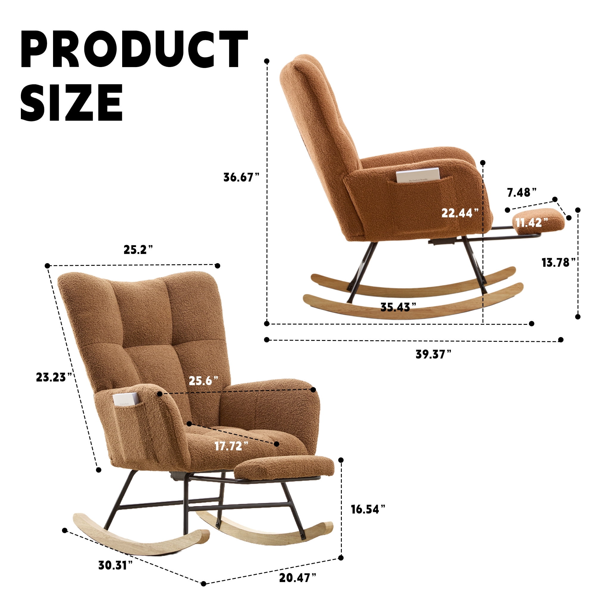 Leumius Nursery Rocking Chair with Footrest,Teddy Fabric Upholstered Glider Rocker Chair with High Backrest,Side Storage Pocket & Solid Wood Legs,Comfy Accent Chair for Living Room Bedroom,Brown
