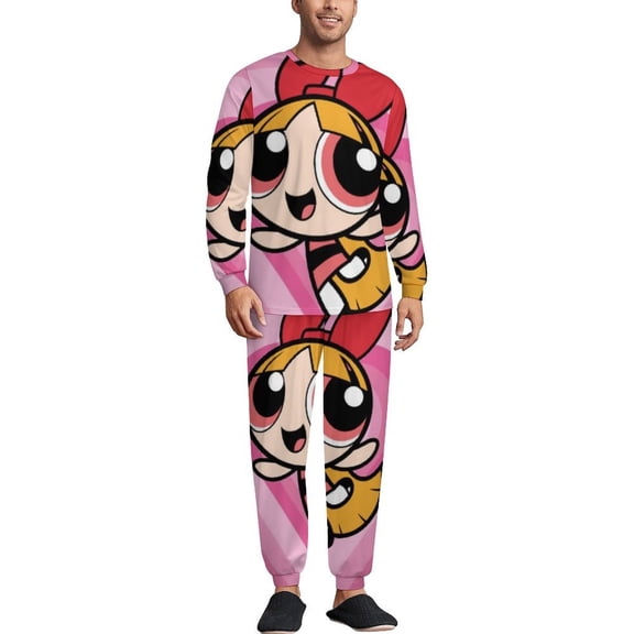 The Powerpuff Gi-rls Men's Lounge Pajamas Set 2-Piece Crew Neck Sleepwear Soft Long Sleeve Top & Pants for Sleep, Home & Vacation S