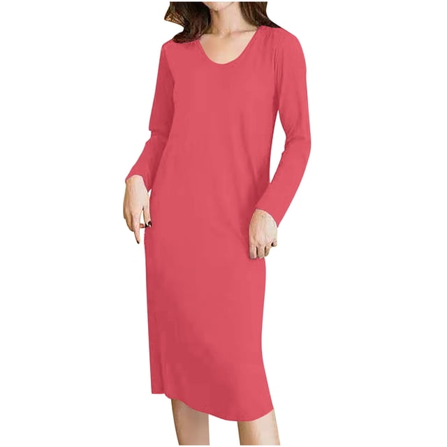 Jgppe Chemise de Nuit Basique pour Femmes Manches Longues avec Coussin de Poitrine Col Rond Tunique Chandail Chemise de Nuit