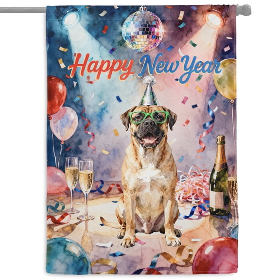 Happy New Year Bullmastiff Chills on Year-End Party House Flag 28x40in Double Sided Dog Lover Outdoor Decor - 12023