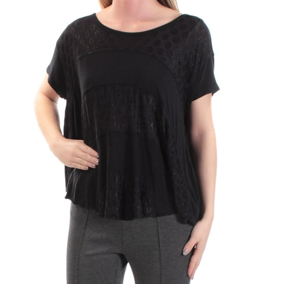 FREE PEOPLE $68 Womens 1380 Black Jewel Neck Short Sleeve Casual Top XS B B