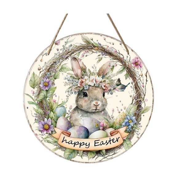 MXTPOV Happy Esater Wooden Signs, Easter Eggs Bunny Wreath Printed Signs Hanging for Wall Decor, Welcome Sign for Front Door, Easter Decorations, Home Decor