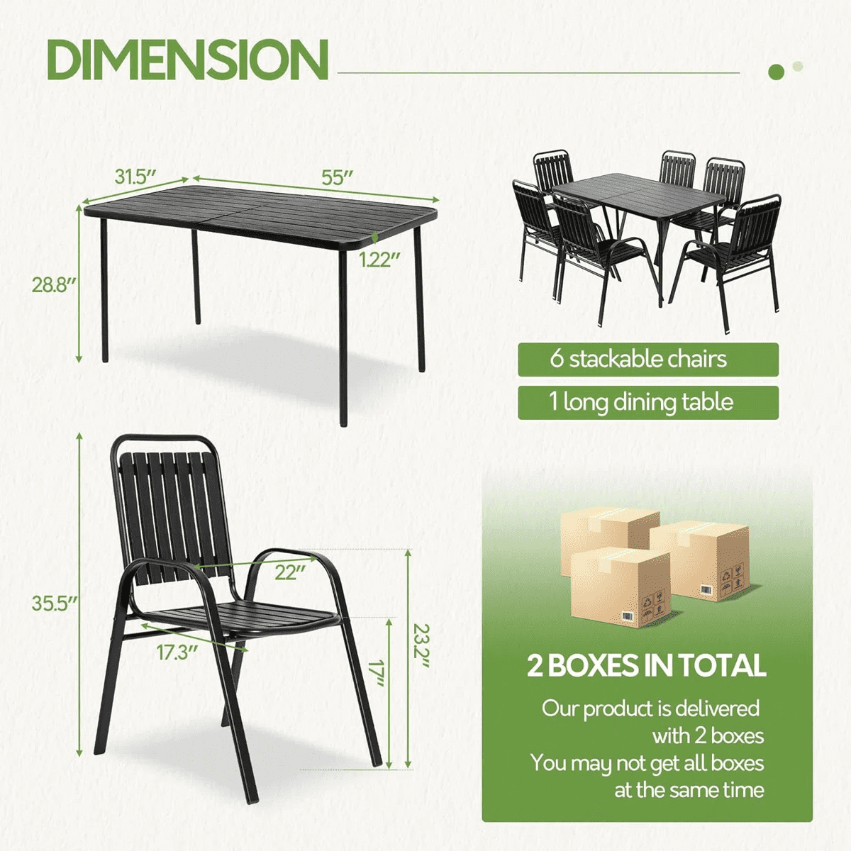 Seizeen Outdoor Dining Set for 6, Plastic Wood Patio Furniture Set with Steel Frame, Space-saving Dining Table and Chairs Stockable Design, All-weather Porch Garden Yard Conversation Furniture, Black