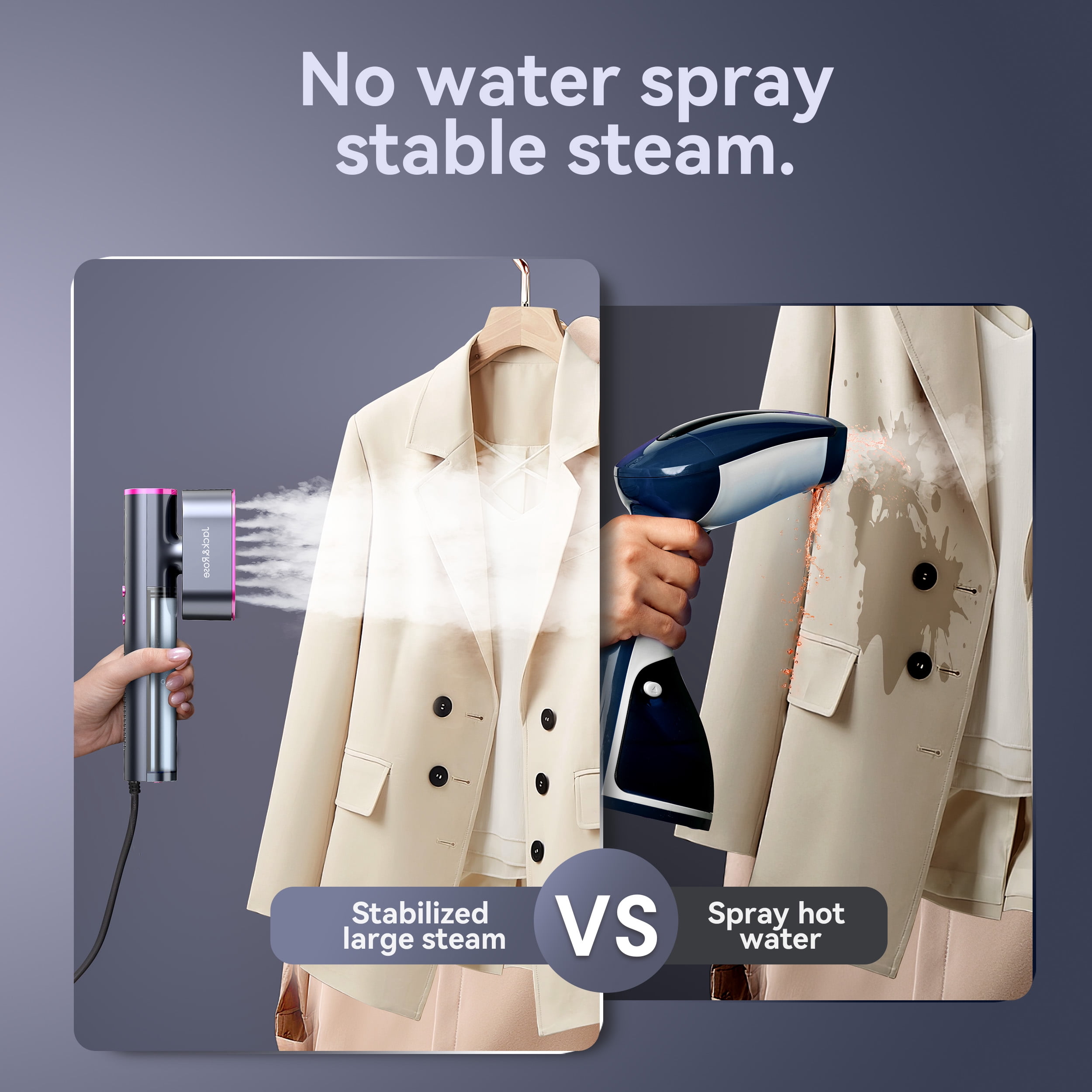 Jack & Rose Travel Steamer for Clothes, 100-240V Portable Steamer,15s Heat Up, Steamer ＆ Iron 2 In 1, Travel Size Garment Steamer, Large Ceramic Heat Panel, for Global & European Traveling, Purple