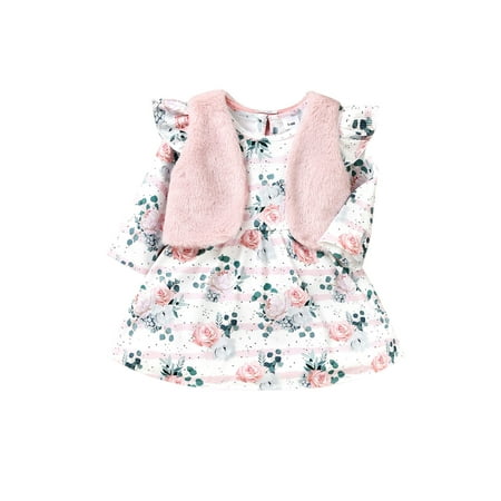 

Bebiullo Infant Baby Girl 2Pcs Dress Vest Sets Ruffle Shoulder Long Sleeve Floral Dress + Plush Waistcoat Spring Outfits Pink