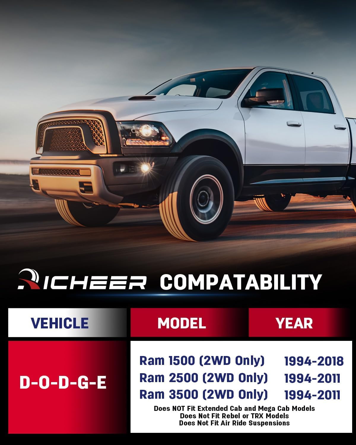 Richeer 2.5'' Front Leveling Lift Kit for 1994-2018 Ram 1500 (2WD Only), 1994-2011 Ram 2500 3500 (2WD Only), Compatible with 2WD Forged Strut Spacers Raise your Car by 2.5''