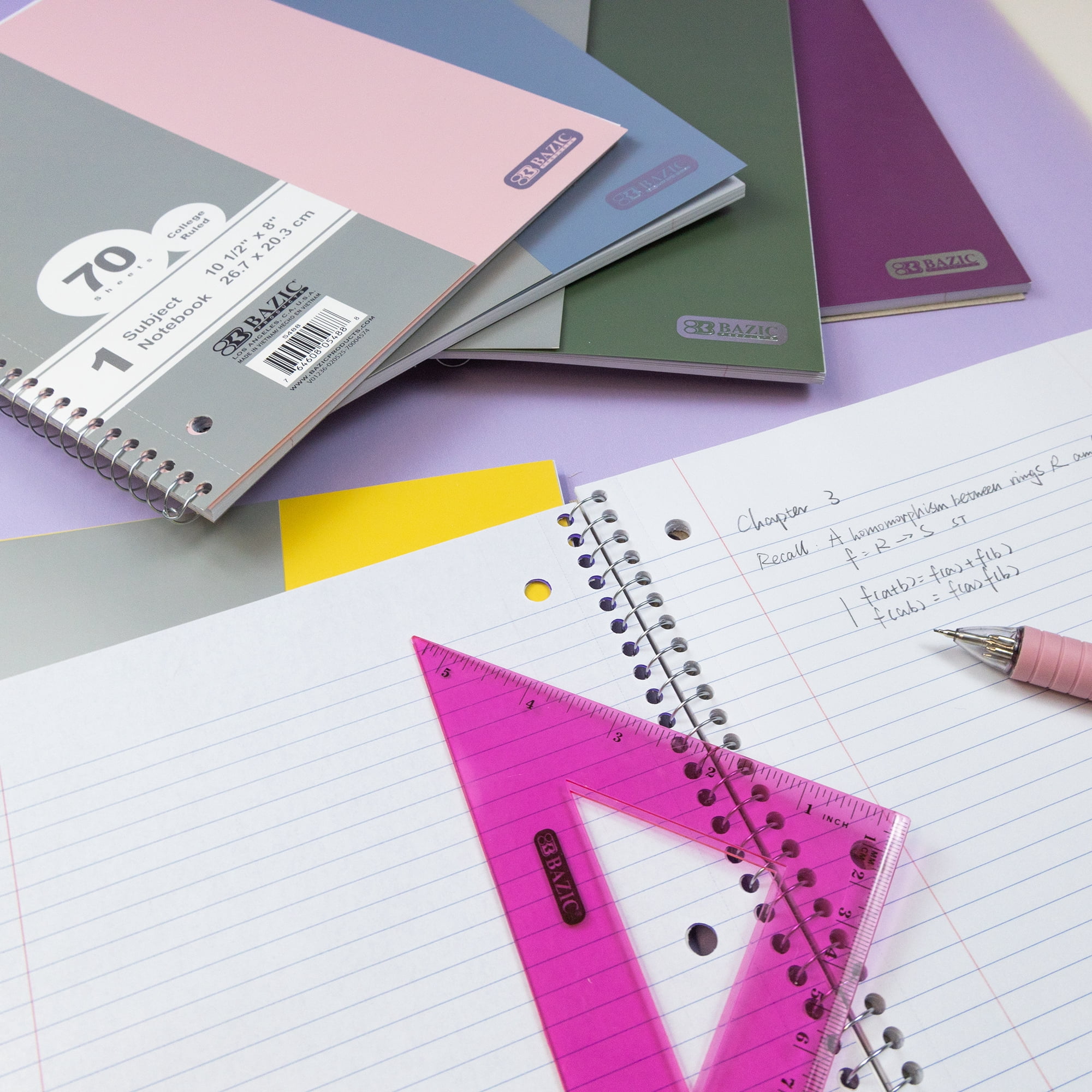 BAZIC Spiral Notebook, 1 Subject, College Ruled Paper 8" x 10-1/2", 70 Sheets Poly Cover, Assorted Color, 6-Pack