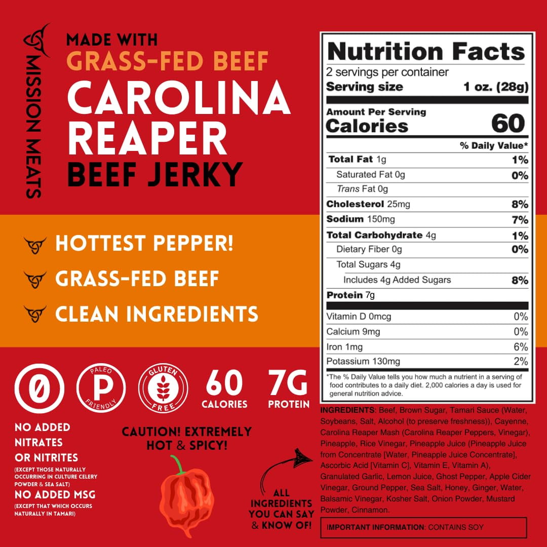 Mission Meats Carolina Reaper Jerky from 100% Grass Fed & Pasture Raised Beef, Caution: Extremely Spicy, Small Batch Hand Crafted, Gluten Free, 2oz (Pack of 3)