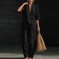 thumbnail image 6 of Domzest Two Piece Linen Sets for Women Short Sleeve V Neck Tunic Top Matching Wide Leg Pants Casual Loose Outfits With Side Pockets Black XL, 6 of 6