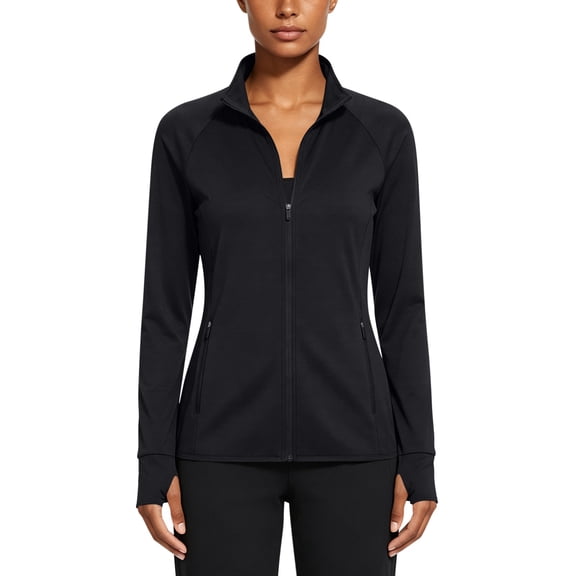 WAGUTH Women's Sun Protection Athletic Jacket Long Sleeve Full-Zip Workout Running Tops with Thumb Holes & Pockets,Black,L