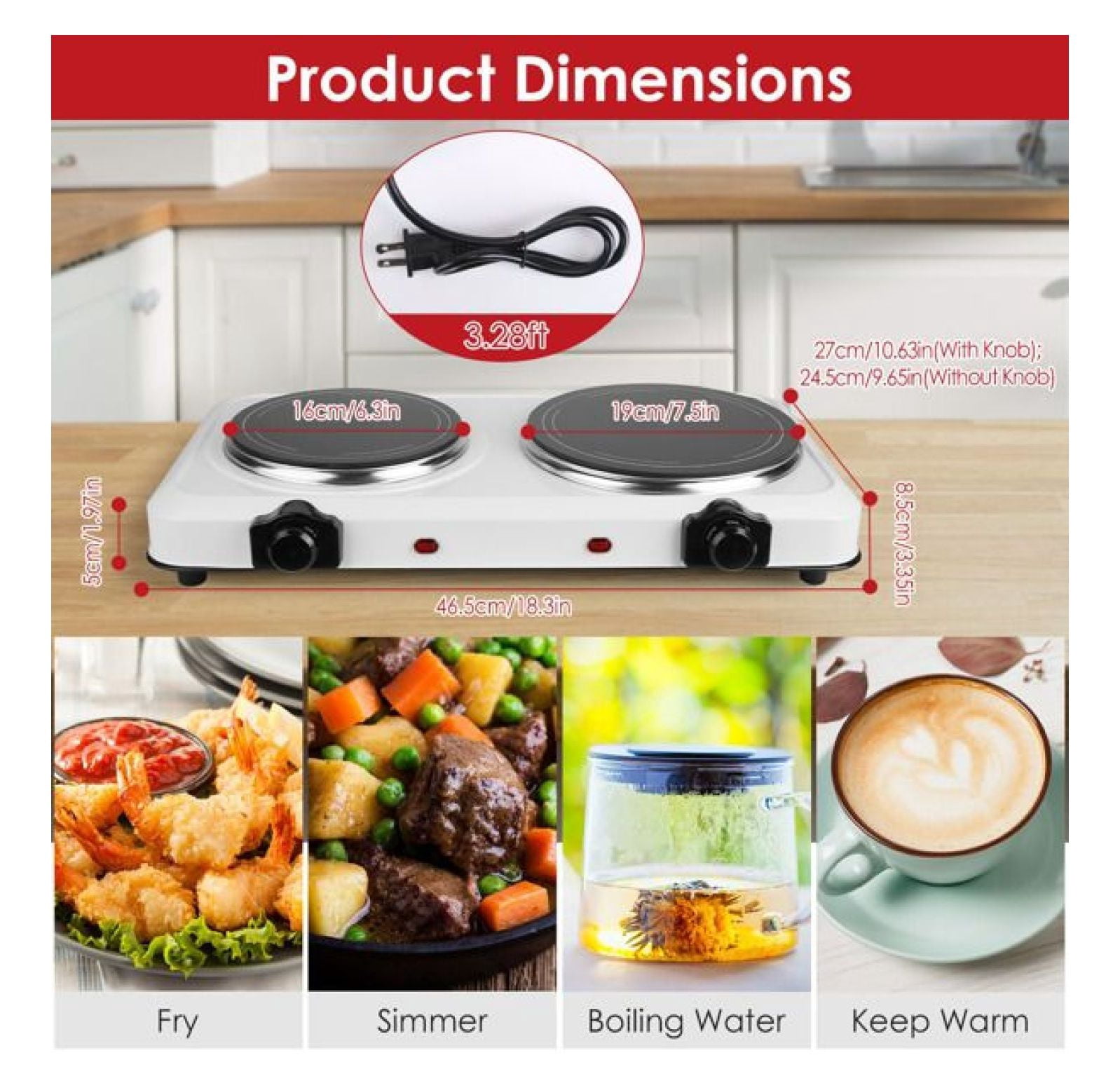 Electric Hot Plate for Cooking,Electric Cooktop 2 Burner,2000W Portable Electric Stove,Glass Cooktop Stepless Temperature Adjustments,Countertop Cooktop for Dorm,Compatible with All Cookware