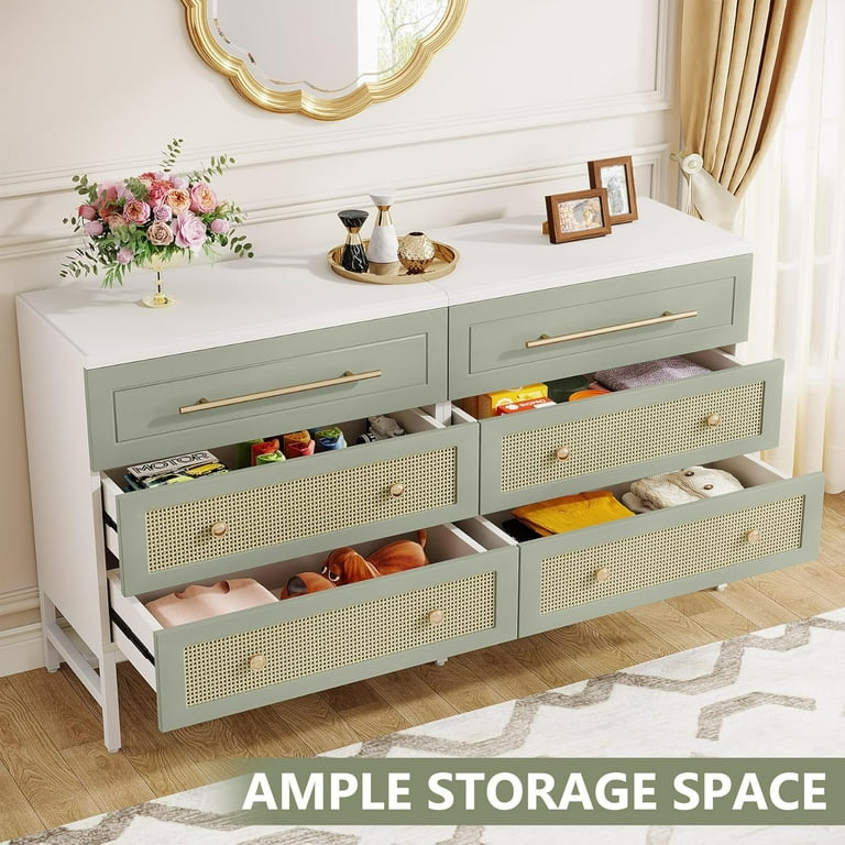 Tribesigns 55" Long Rattan Dresser with 6 Drawer, Wood Storage Organizer  for Closet, White and Green - Walmart.com
