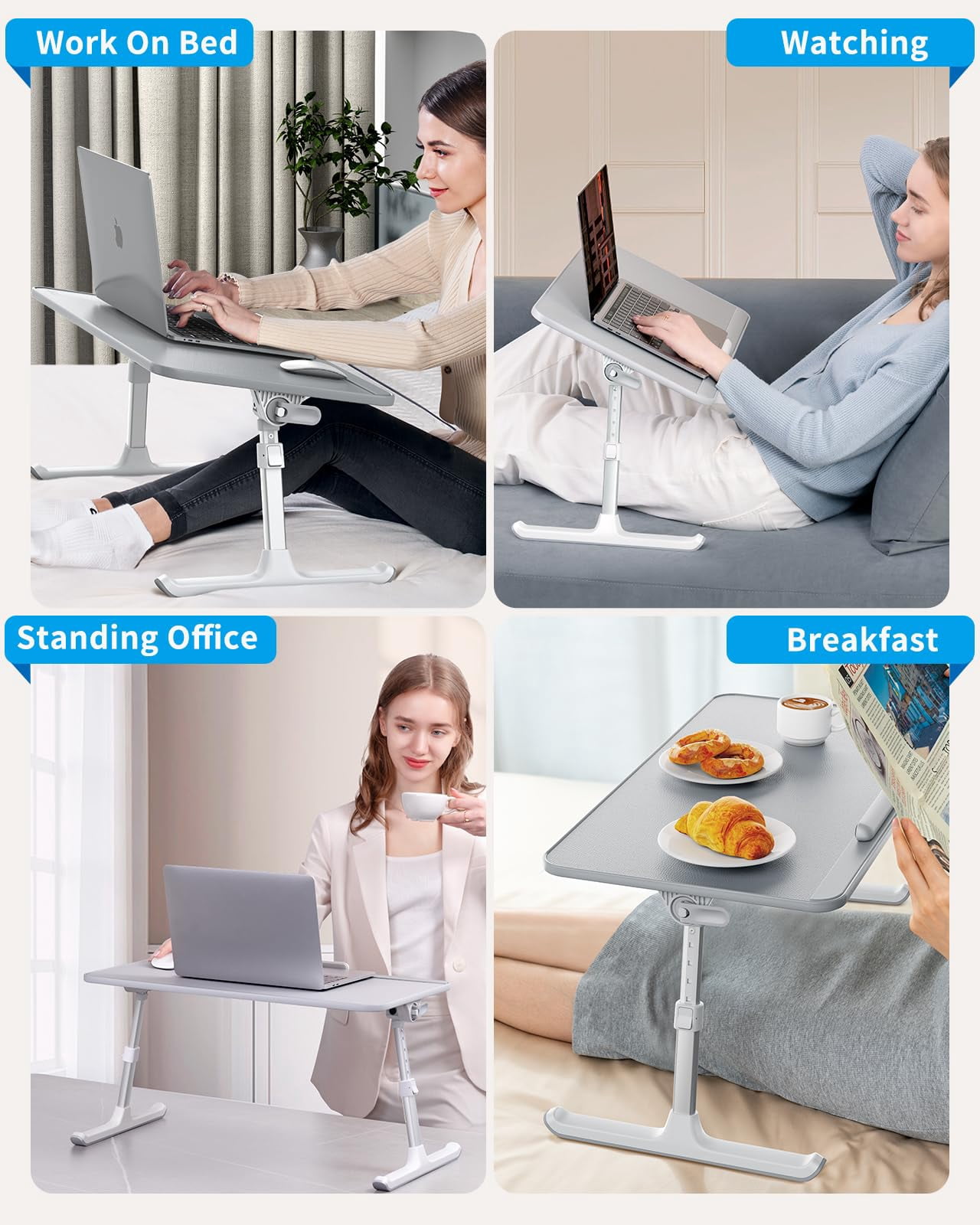 Leather Laptop Bed Tray Table  Adjustable Stand With Removable Stopper Portable Lap Desks Foldable Notebook Breakfast Reading Desk For Sofa Couch Floor(large Gray)