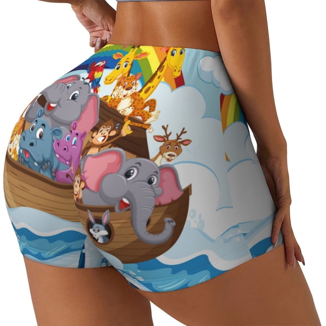 Balery Rainbow Animals on Noah's Ark Pantalones cortos de entrenamiento estampados para mujer, sin costuras, ajustados, para gimnasio, yoga, correr, deportes, ejercicio activo, fitness.-Small