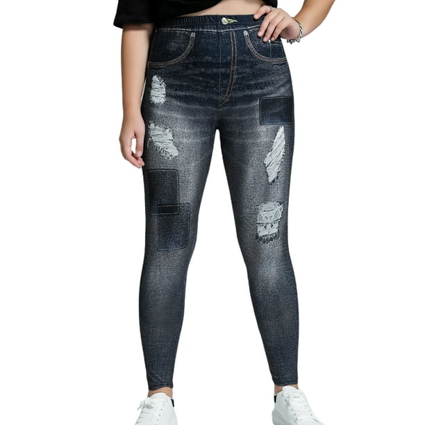 MAWCLOS Women Fake Jeans Ripped Print Faux Denim Pant Tummy