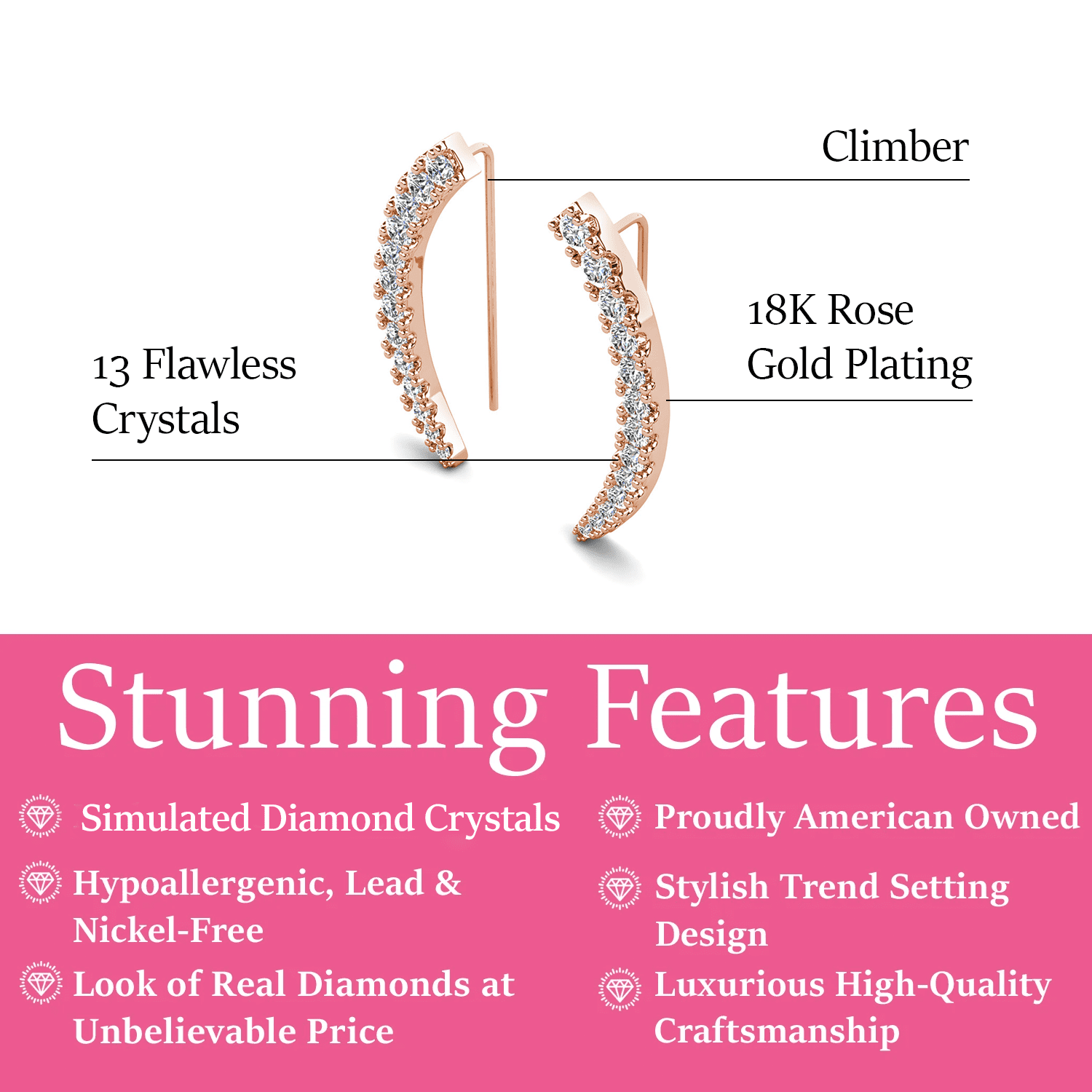 Cate & Chloe Camila 18k Rose Gold Plated Ear Climber Earrings with Simulated Diamonds for Women
