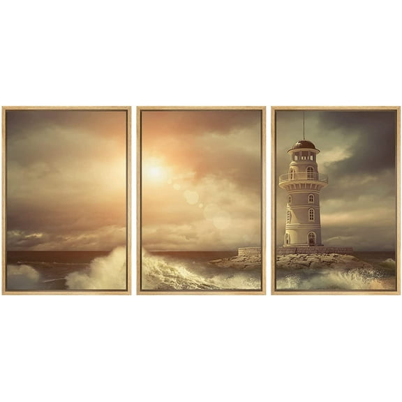 wall26 - 3 Piece Framed Canvas Wall Art - Lighthouse on The Sea Under Sky. - Modern Home Art Stretched and Ready to Hang - 16"x24"x3 Natural