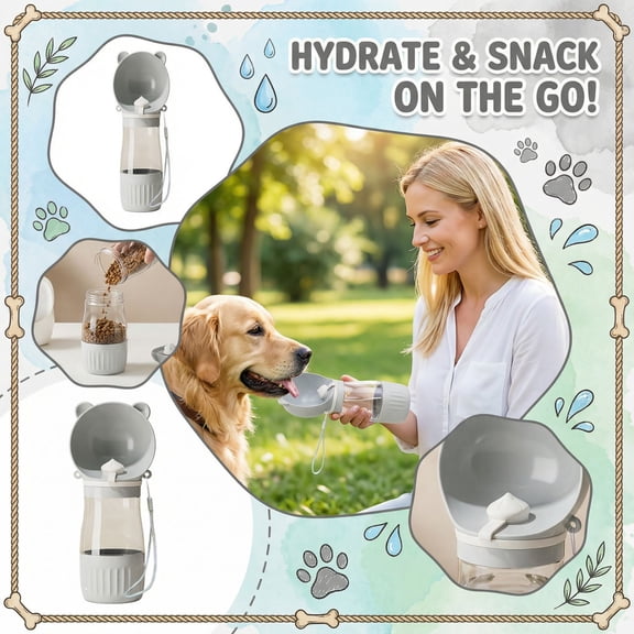 Portable 2-in-1 Pet Adventure Bottle, Leak-Proof Dog Water Cup and Food Feeder Dispenser with Carrying Strap, Travel Essentials for Walking and Hiking, Compact Outdoor Companion for Puppy