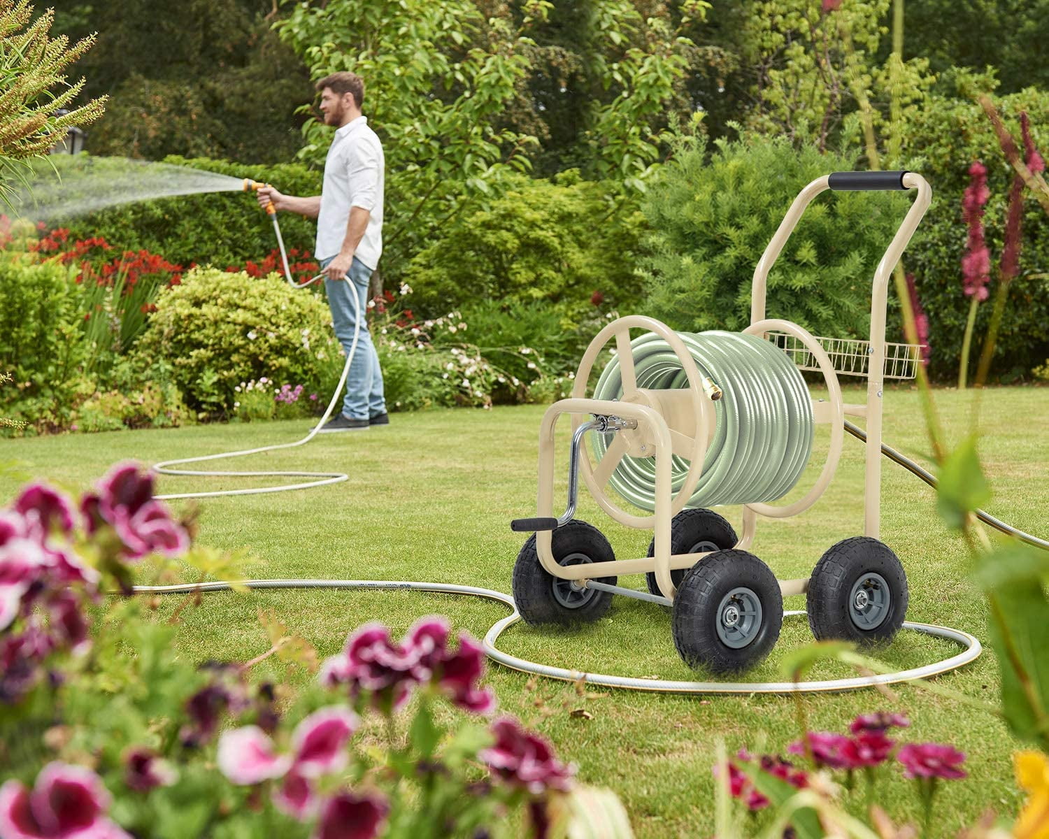Garden Hose Reel Cart with Wheels Garden Lawn Water Truck Water
