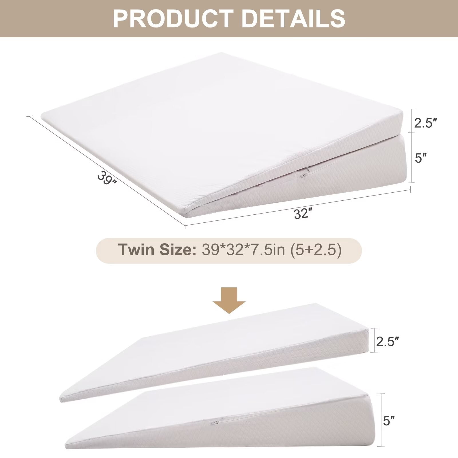 MOPHOTO Bed Wedge Pillow, Extra Large Memory Foam Bed Wedge Pillow, Twin Plus（39"*32"*7.5"）
