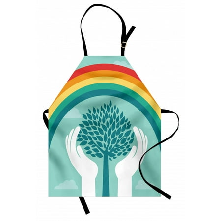 

Vintage Rainbow Apron Tree Silhouette Between Human Hands Protecting Nature Theme Growth Ecology Unisex Kitchen Bib Apron with Adjustable Neck for Cooking Baking Gardening Multicolor by Ambesonne