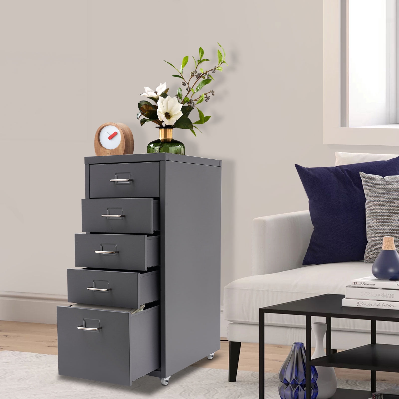Miumaeov 5-Drawer Metal Storage Cabinet Movable File Cabinet with Wheels for Living Room Office Study  16" D x 11" W x 27" H