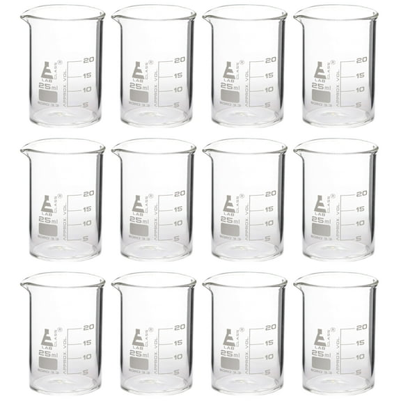 12PK Beakers, 25ml - Griffin Style, Low Form with Spout - White, 5ml Graduations - Borosilicate 3.3 Glass - Eisco Labs