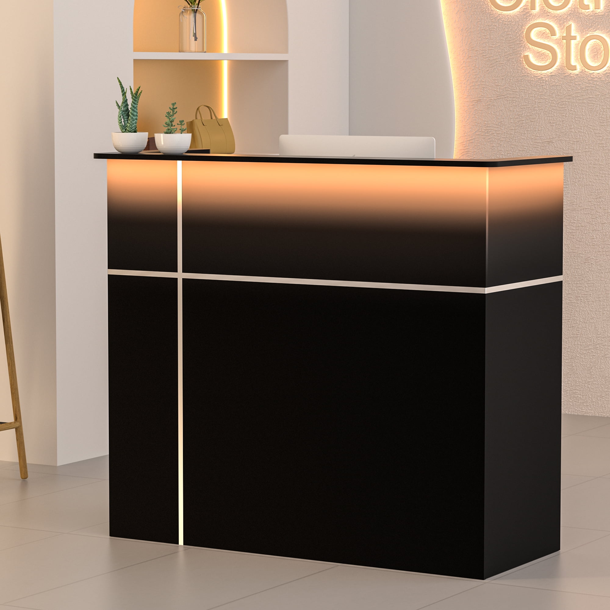 HARIPUL 50-inch Reception Desk with Counter, Front Desk Office Desk with Storage Shelves & LED Lights, Black