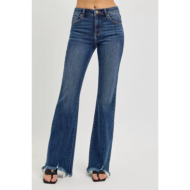 I AM A FASHION JUNKY RISEN Full Size Mid Rise Flare Frayed Hem Jeans Plus Size (DARK, 1XL)