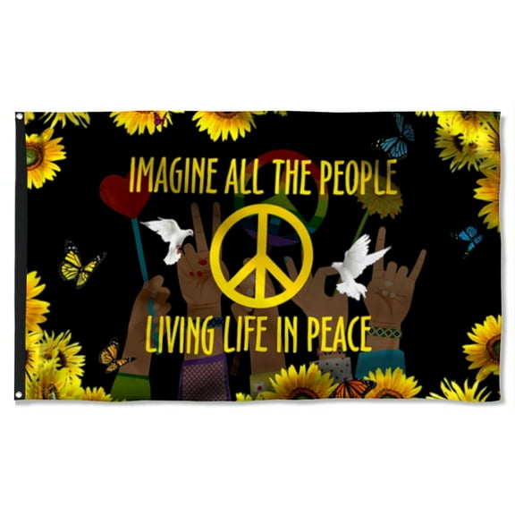 Hippie Sunflower Peace Sign Flag Imagine All The People Living Life In Peace Grommet Flag 3x5Feet Banner with 2 Brass Grommets