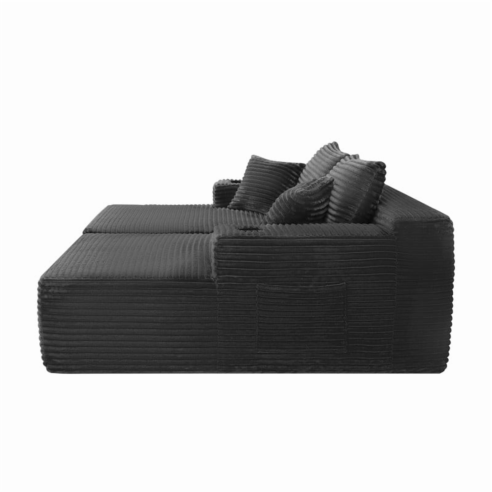 2-Seater Double Chaise Lounge, Deep Seat Upholstered Floor Couch, Boneless Loveseat Sofa with Cup Holder & Storage Pocket